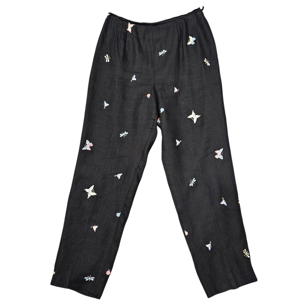 Talbots Womens Vintage Y2k Linen Ankle Pants Size 10 Black Butterfly Embroidered
